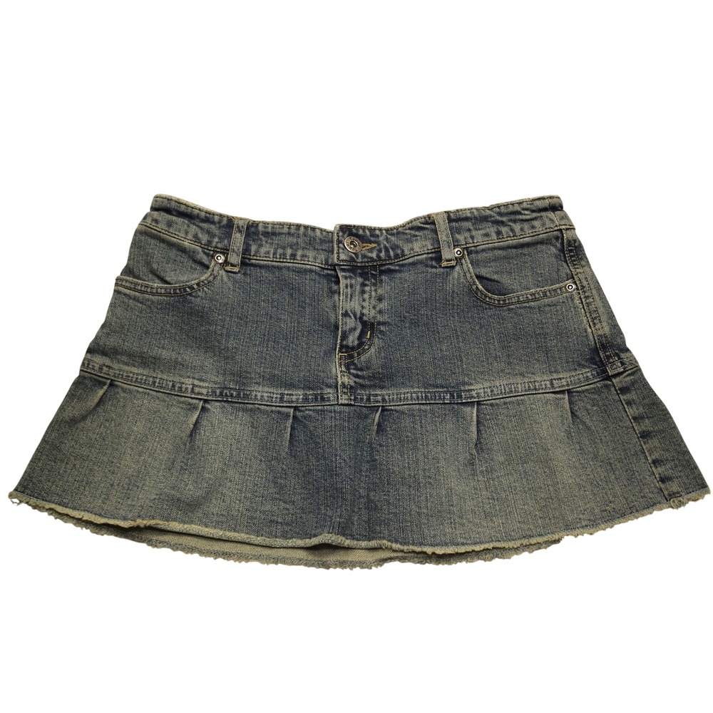 Vintage Y2K Taunt Women's Low Rise Denim Mini Skirt Pleated Raw Hem Blue Size 3